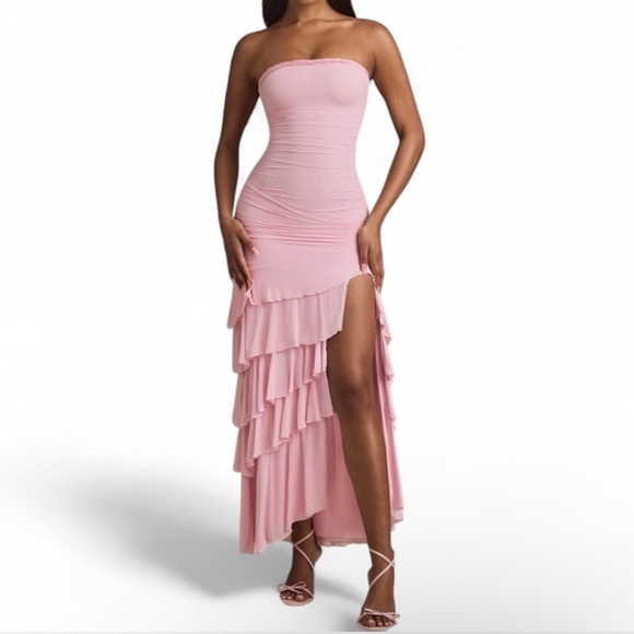 Oh Polly Dresses & Skirts - Oh Polly Hayami Bandeau Ruched Ruffle-Trim Maxi Dress in Blush - Size 2